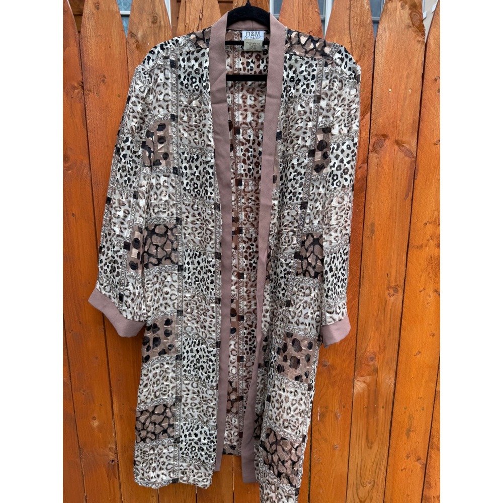 R&M Richards Karen Kwong Animal Print Duster Jacket Brown Metallic Sheer Size 18